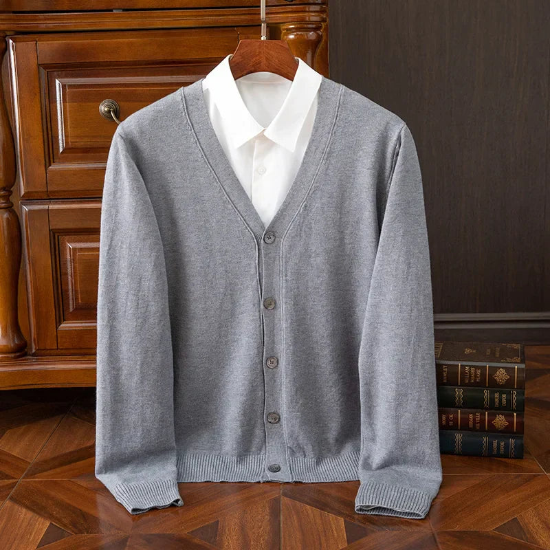 TrendAura William Heritage Grey Cashmere Wool Blend Cardigan For Men With V Neck And Relaxed Fit