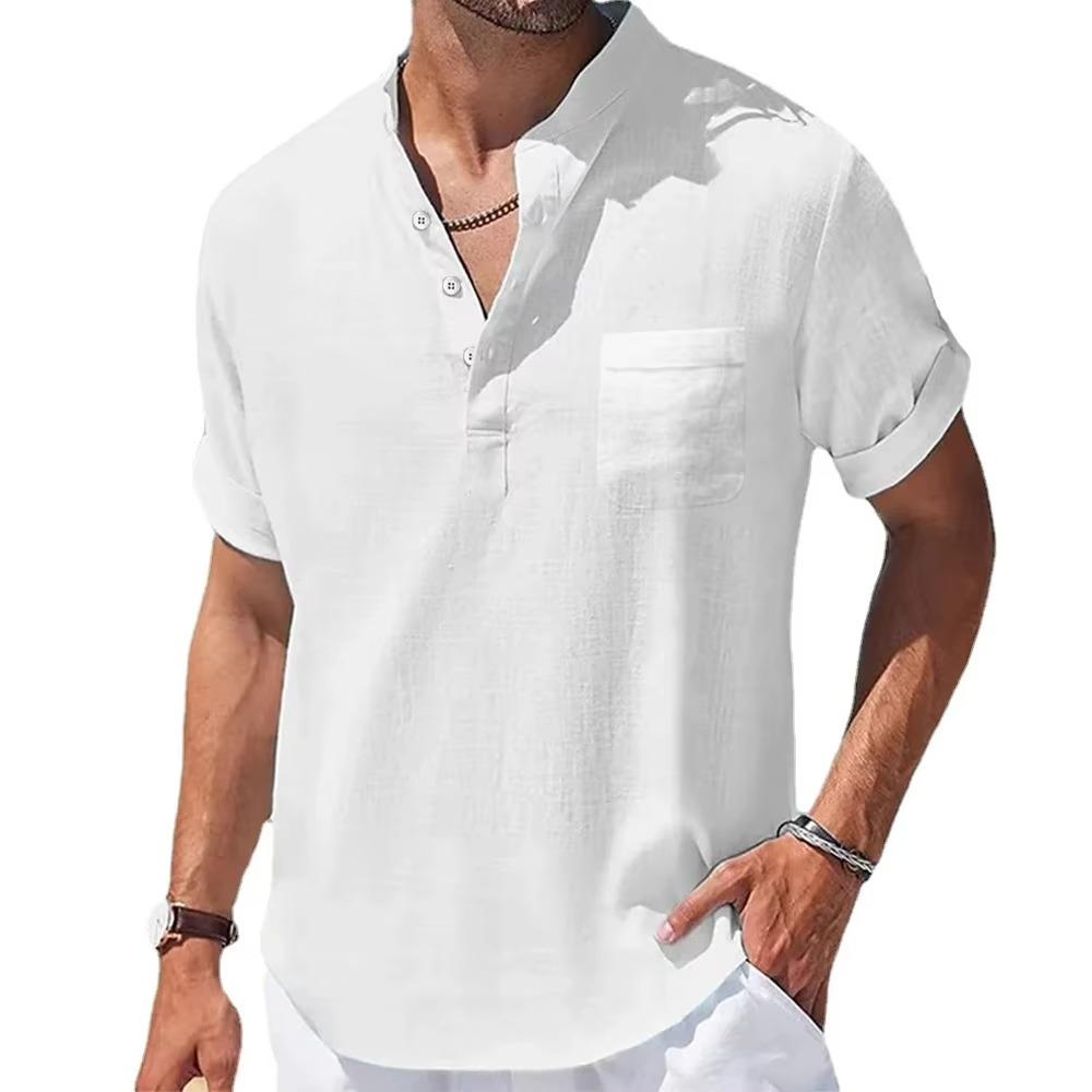 Men's Summer Cotton Linen Henley Shirt Short Sleeve Casual Breathable Navy Top Lightweight