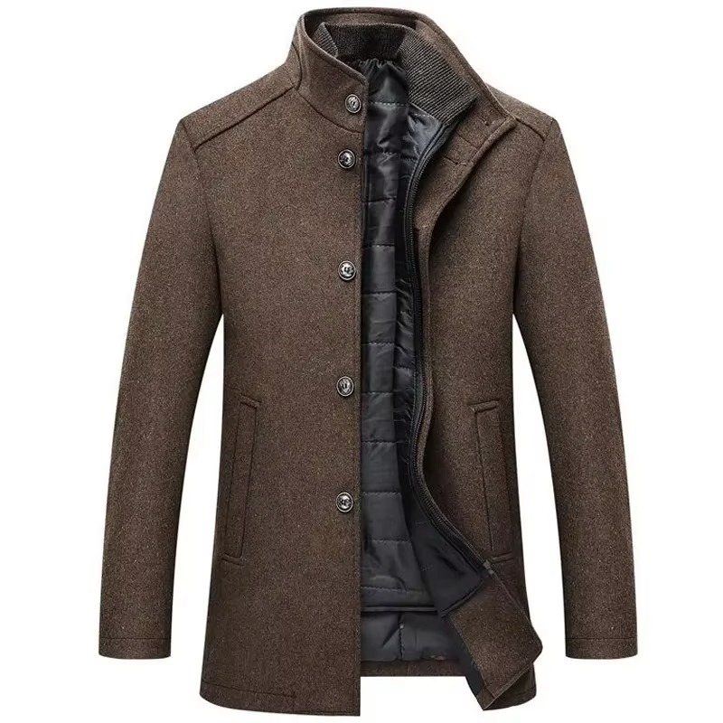 TrendAura Mens Navy Long Wool Coat With Stand Collar And Detachable Vest For Winter Warmth