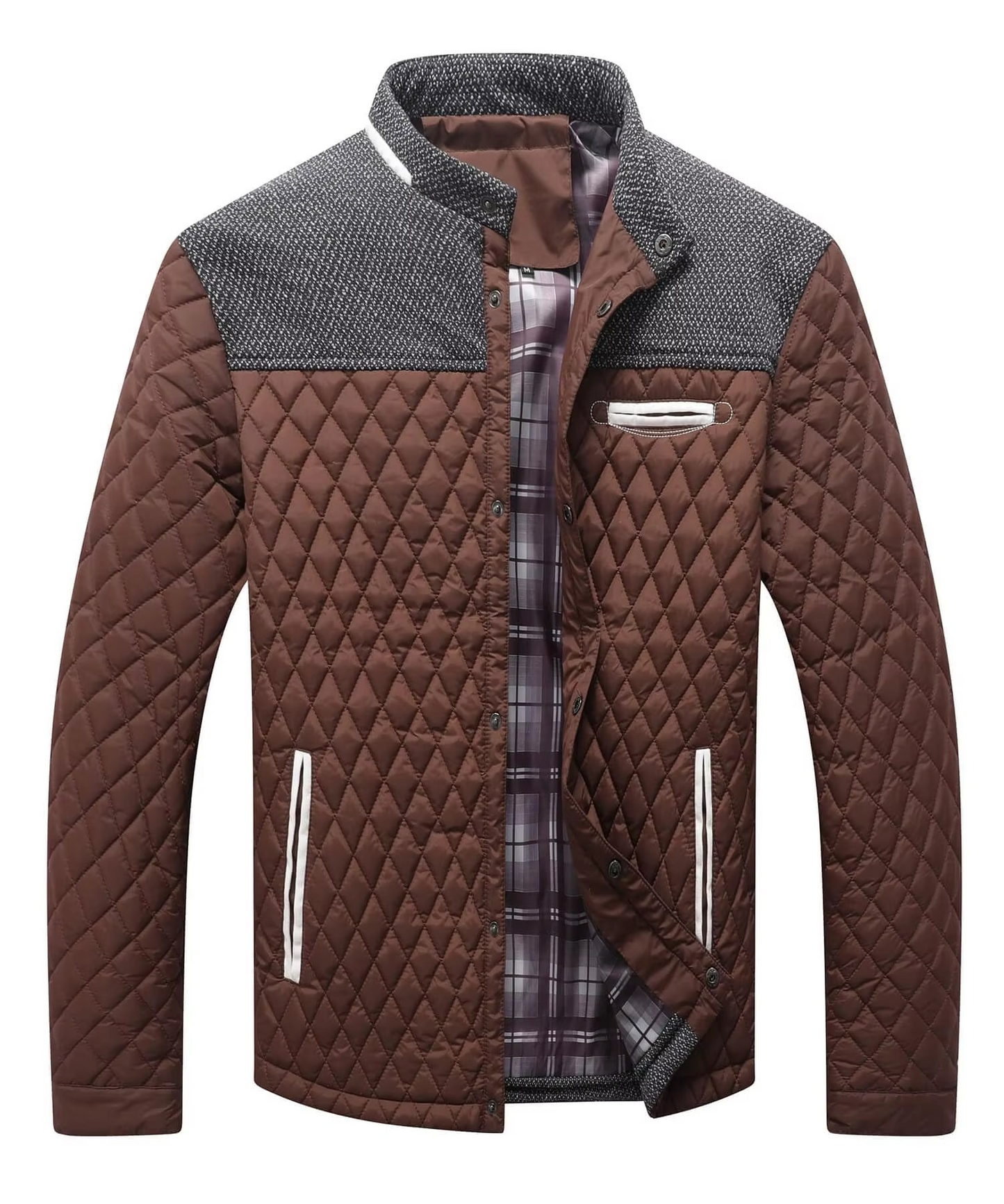 TrendAura Men's Diamond Quilted Lightweight Bomber Jacket Overshirt With Contrast Grey Yoke And Pockets