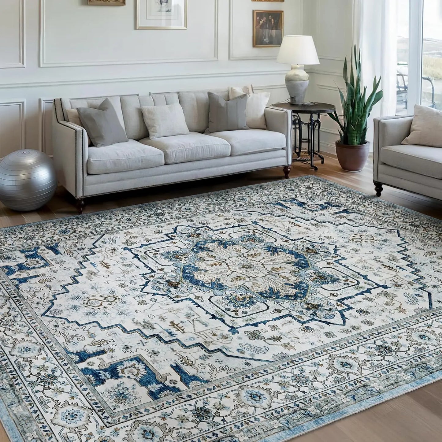 Traditional PersianPattern Carpet DecorationElegant Classic Style Floor Mat Blue and White Geometric Flower LivingRoom Floor Mat