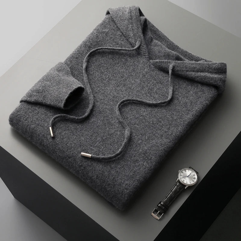 Men's 100 Percent Cashmere Hoodie With Classic Fit Soft Knitted Fabric And Ribbed Cuffs