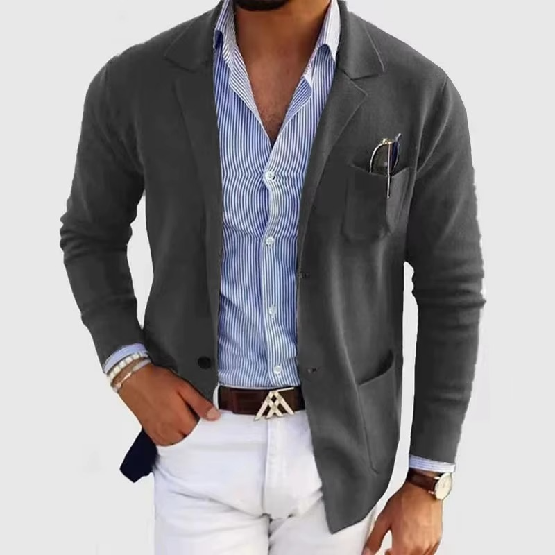 Men's Solid Color Knitted Cardigan Coat With Turn Down Collar And Multiple Pockets