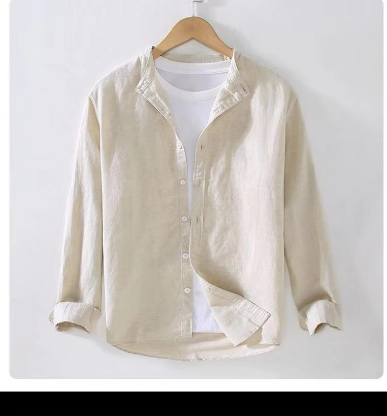 TrendAura Men's Vintage Linen Stand Collar Long Sleeve Shirt Lightweight Breathable Button Up M To 3XL