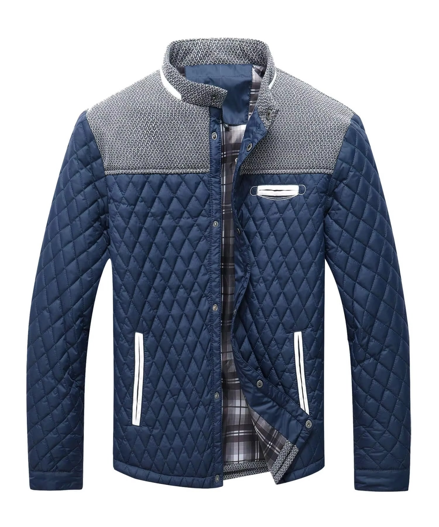 TrendAura Men's Diamond Quilted Lightweight Bomber Jacket Overshirt With Contrast Grey Yoke And Pockets