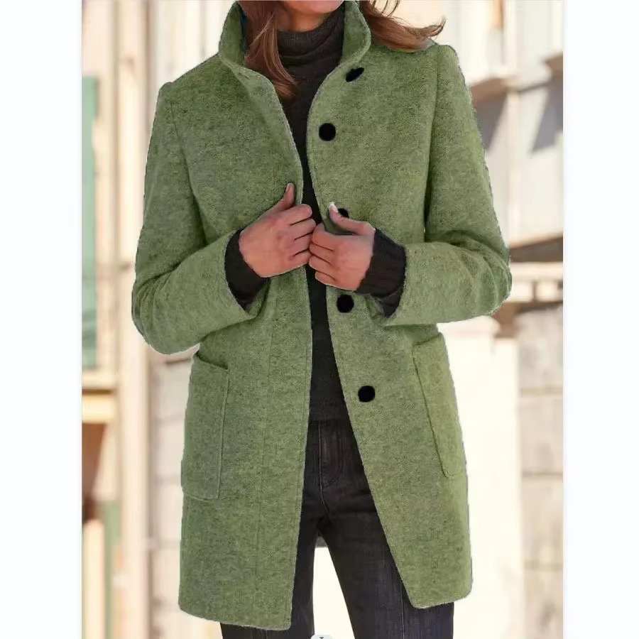 Spring 2025 Women’s Cotton Coat Black Stand Collar Casual Long Sleeve with Button Pockets
