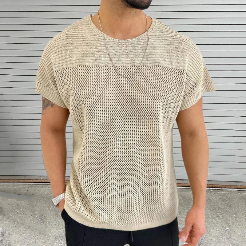 TrendAura Mesh Vibe O Neck Knit Tee For Men Breathable Lightweight Streetwear Summer Shirt
