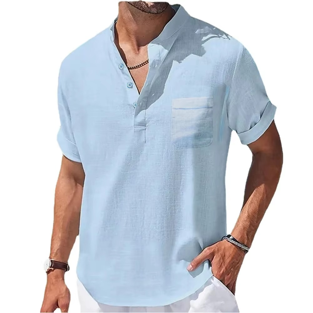 Men's Summer Cotton Linen Henley Shirt Short Sleeve Casual Breathable Navy Top Lightweight