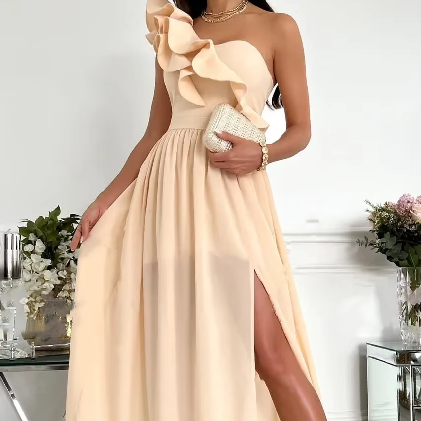 Ruffle Edge One Shoulder Maxi Dress with Side Slit