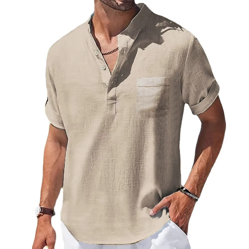 Men's Summer Cotton Linen Henley Shirt Short Sleeve Casual Breathable Navy Top Lightweight
