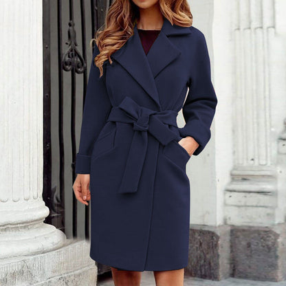 Women's Trench Coat - Wool Blend - Tie Belt - Classic Cut - Knee Length