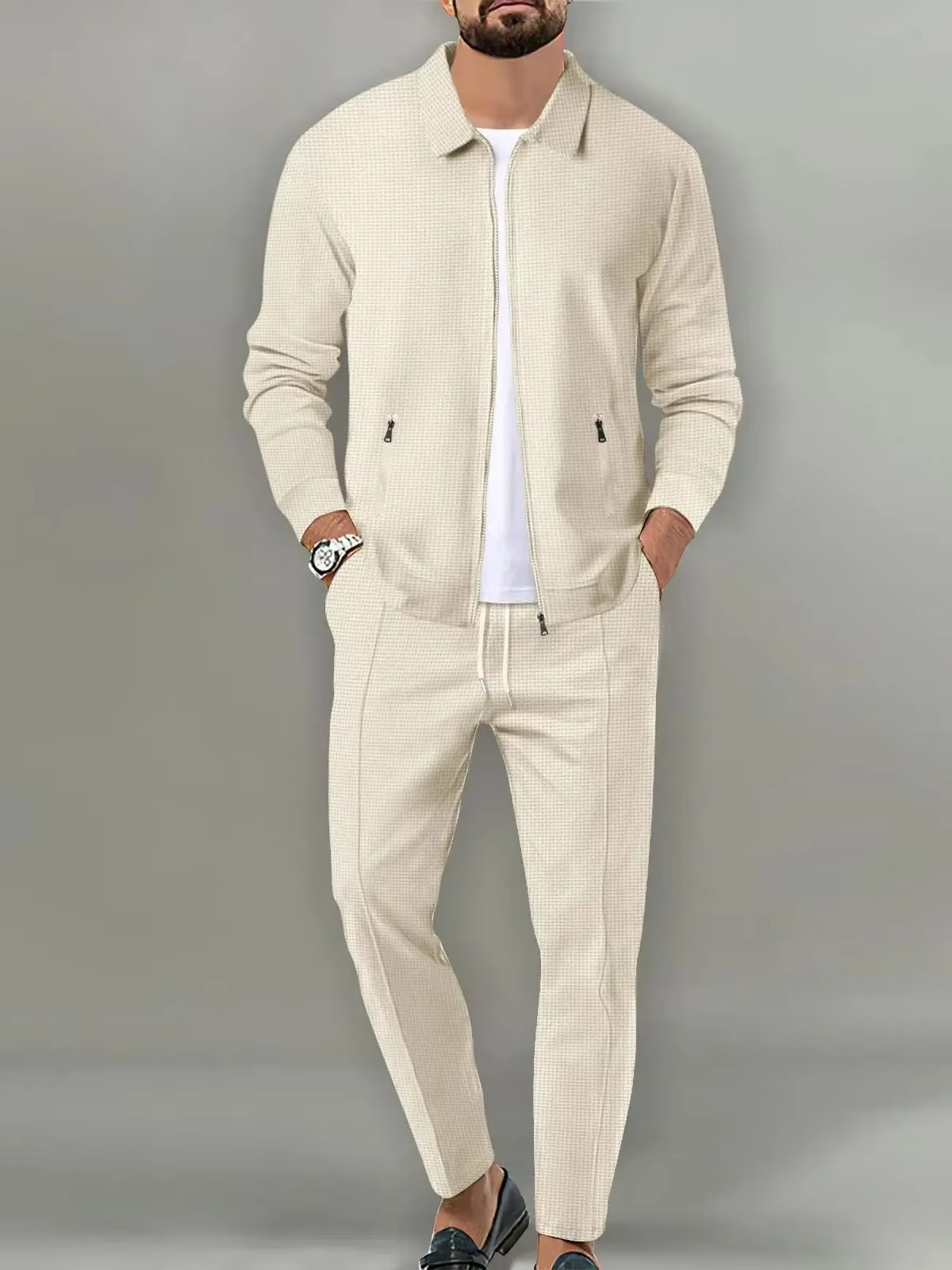 TrendAura Mens Two Piece Long Sleeve Polo Jacket Shirt With Matching Drawstring Pants Set For Everyday Comfort