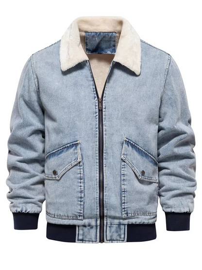 TrendAura Men's Fleece Lined Denim Jacket With Faux Fur Collar Winter Warmth Outerwear For Men