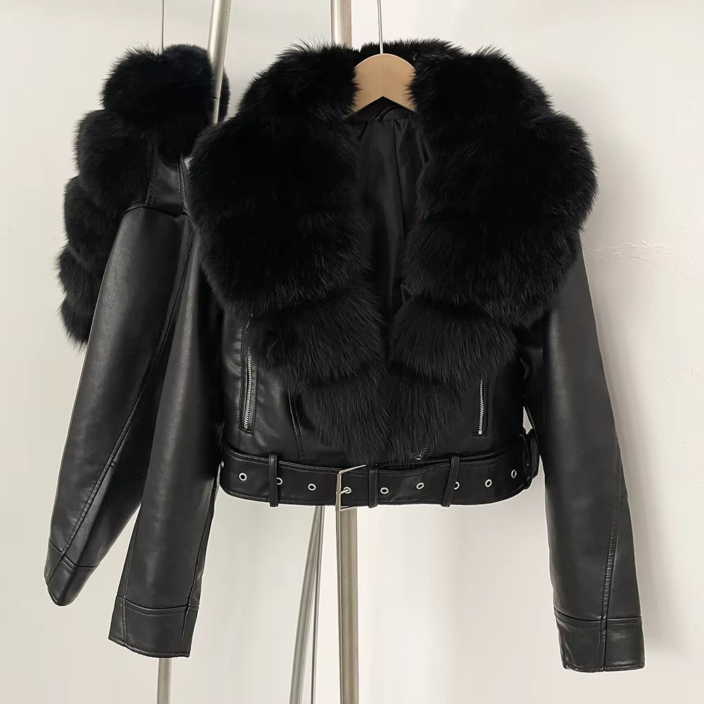 Women's Faux Leather Coat with Faux Fur Collar — Elegant Warmth for the Cold Season