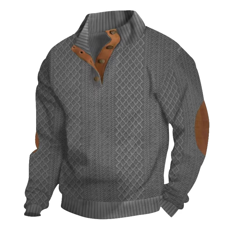 Men's Jacquard Knit Button Front Sweater With Standing Collar Long Sleeve For Casual Weekend Wear