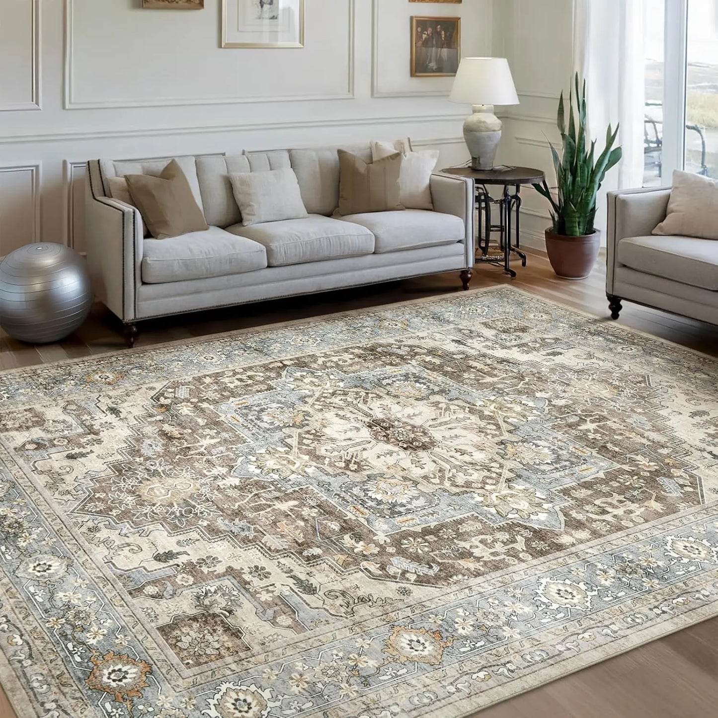 Traditional PersianPattern Carpet DecorationElegant Classic Style Floor Mat Blue and White Geometric Flower LivingRoom Floor Mat