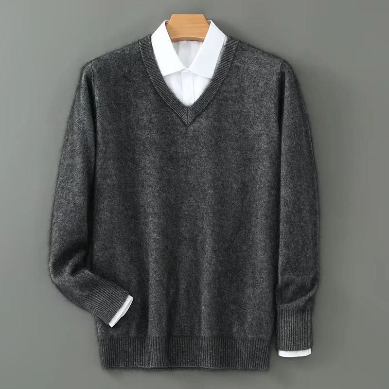 TrendAura Men's Winter Cashmere Blend V Neck Sweater Loose Fit Plus Size Knitted Pullover For Warmth