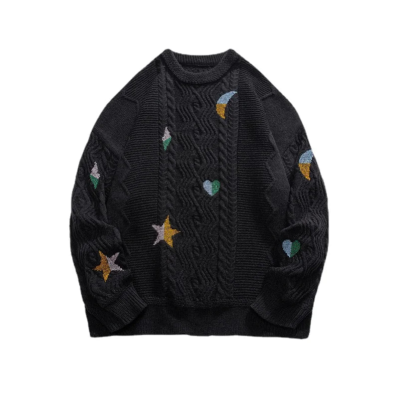 Astral Projection Embroidered Sweater For Men Heavyweight Knit With Classic Crew Neck And Relaxed Fit
