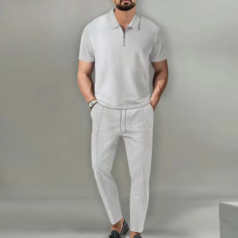 Mens 2 Piece Solid Color Waffle Collar Short Sleeve Zip Polo And Drawstring Pants Set