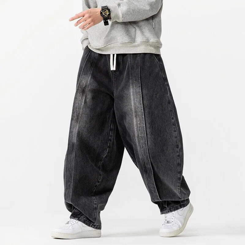 TrendAura Japanese Oversized Jeans - Dramatic 90s Baggy Fit With Pleated Front Seams And Adjustable Drawstring Waist