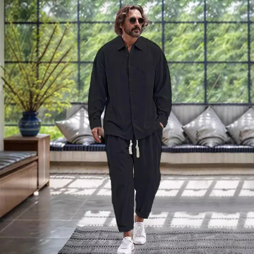 Thierry | Fashionable men's set of linen shirt and pants for spring