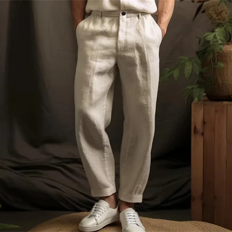 TrendAura Men's Breathable Linen Blend Casual Trousers For Warm Weather Lightweight Relaxed Fit Linen Pants