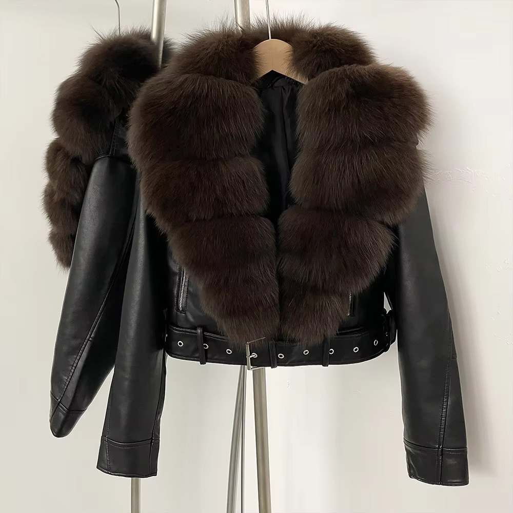 Women's Faux Leather Coat with Faux Fur Collar — Elegant Warmth for the Cold Season