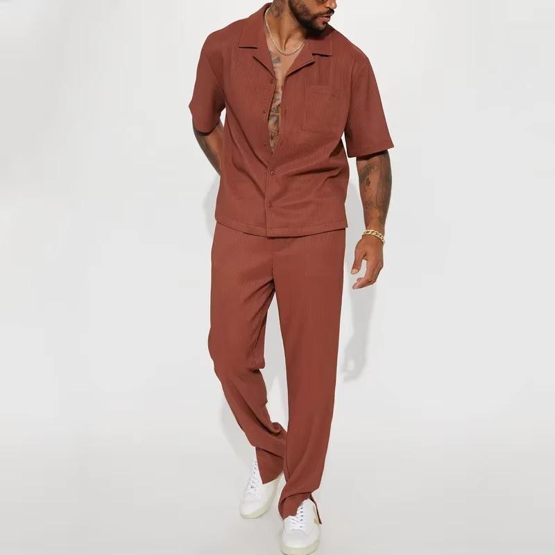 Mens Solid Two Piece Casual Streetwear Set Short Sleeve Lapel Shirt With Matching Pants