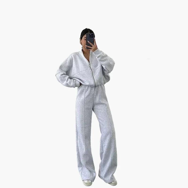 Women's Oversize Casual Suit Two-Piece with Wide Pants and Zipper Jacket – Casual Streetwear Look