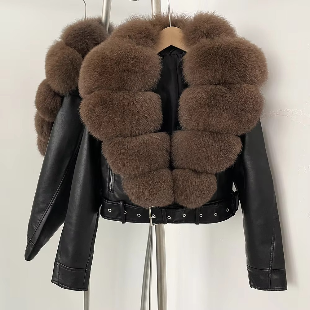 Women's Faux Leather Coat with Faux Fur Collar — Elegant Warmth for the Cold Season