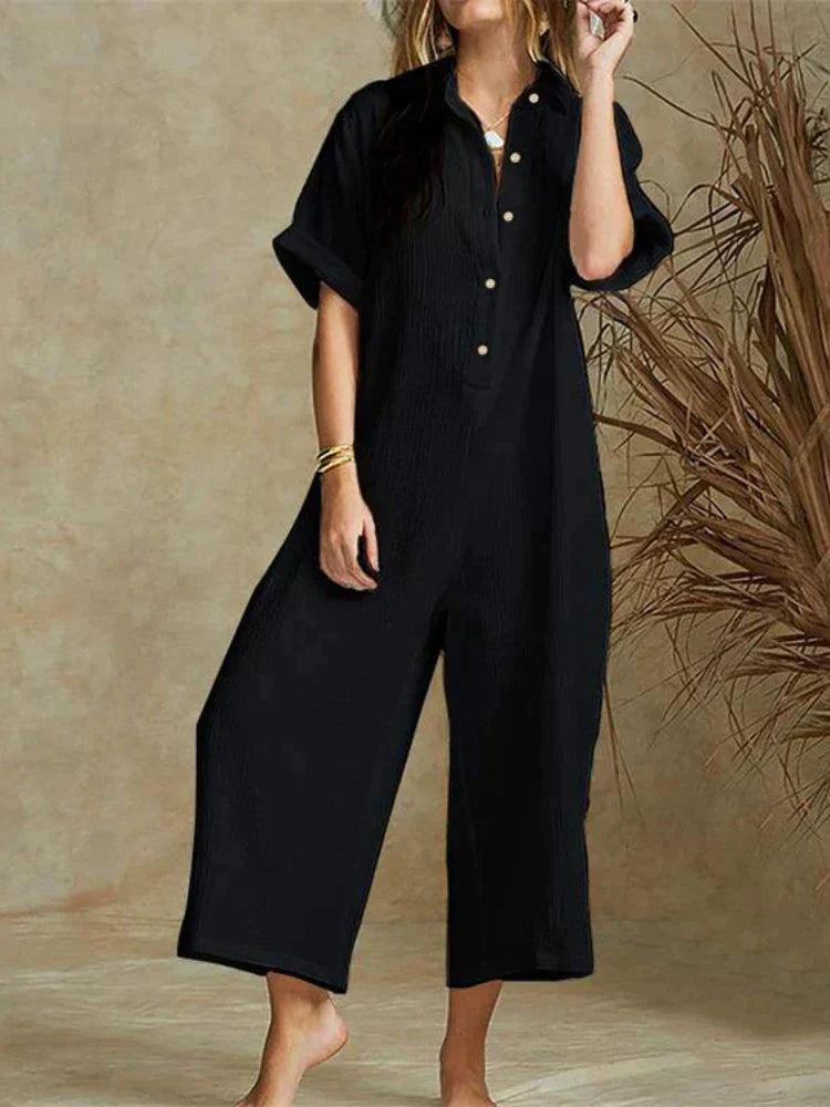 Women’s Jumpsuit – Relaxed Fit – Cotton Blend – Cropped Wide Leg – Short Sleeve Button Front