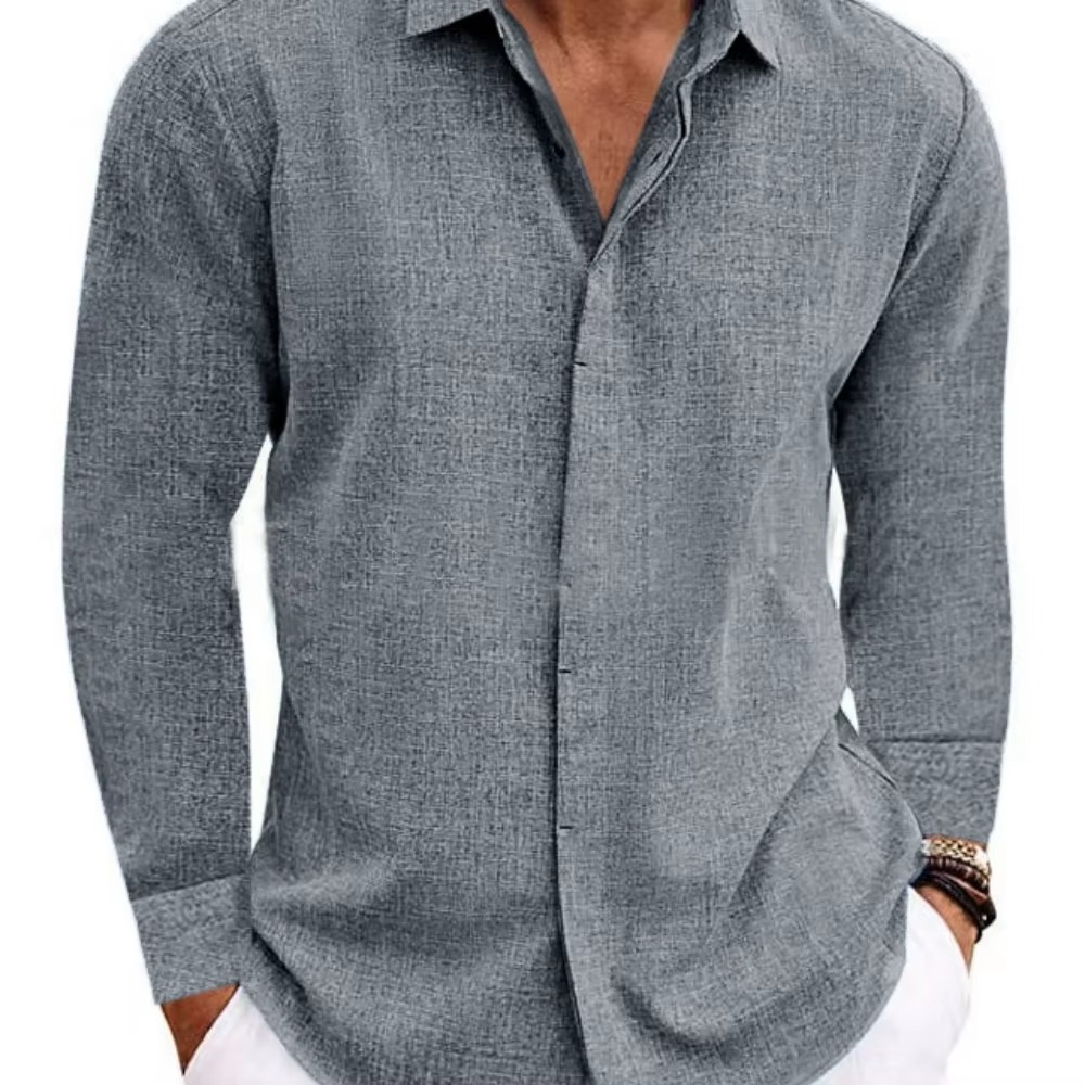 TrendAura Men's Solid Color Linen Long Sleeve Button Down Shirt For Everyday Casual Wear