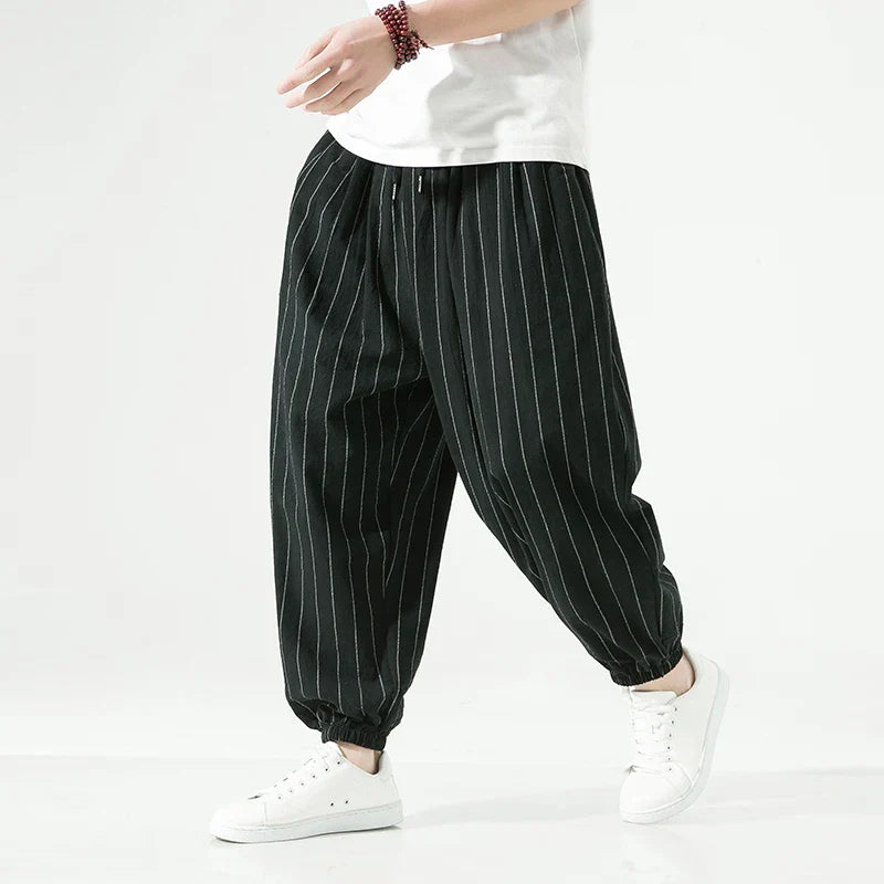 TrendAura Premium Cotton Striped Trousers For Men With Pinstripe Detailing And Elastic Waistband