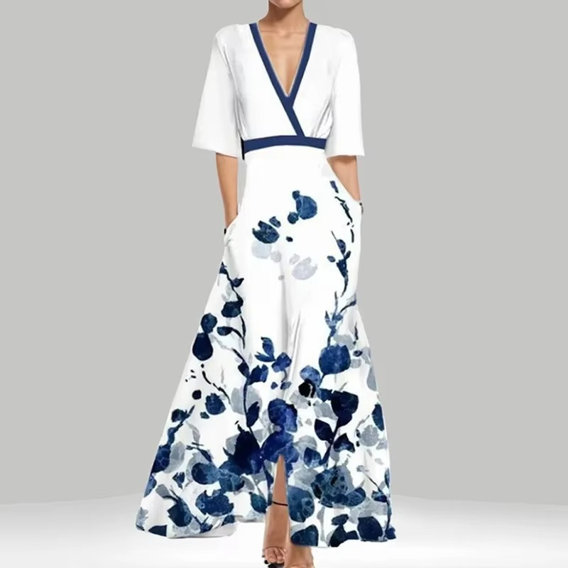 Elegant V Neck Long Printed Pleated Dress for Women