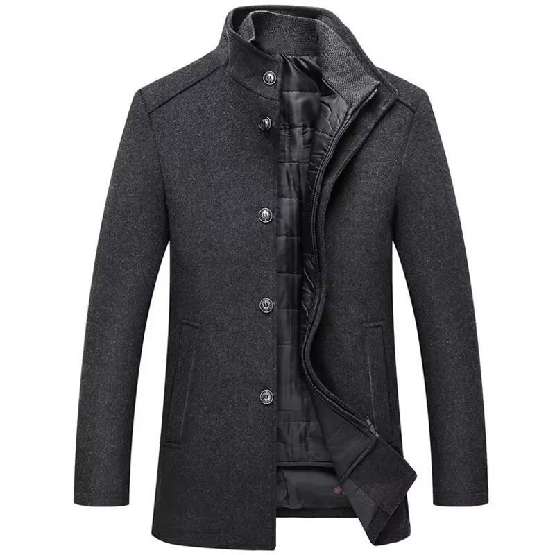 TrendAura Mens Navy Long Wool Coat With Stand Collar And Detachable Vest For Winter Warmth
