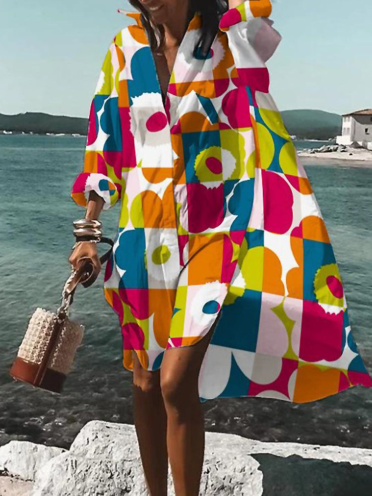 Women's Midi Shirt Dress with Button Closure and Short Sleeves