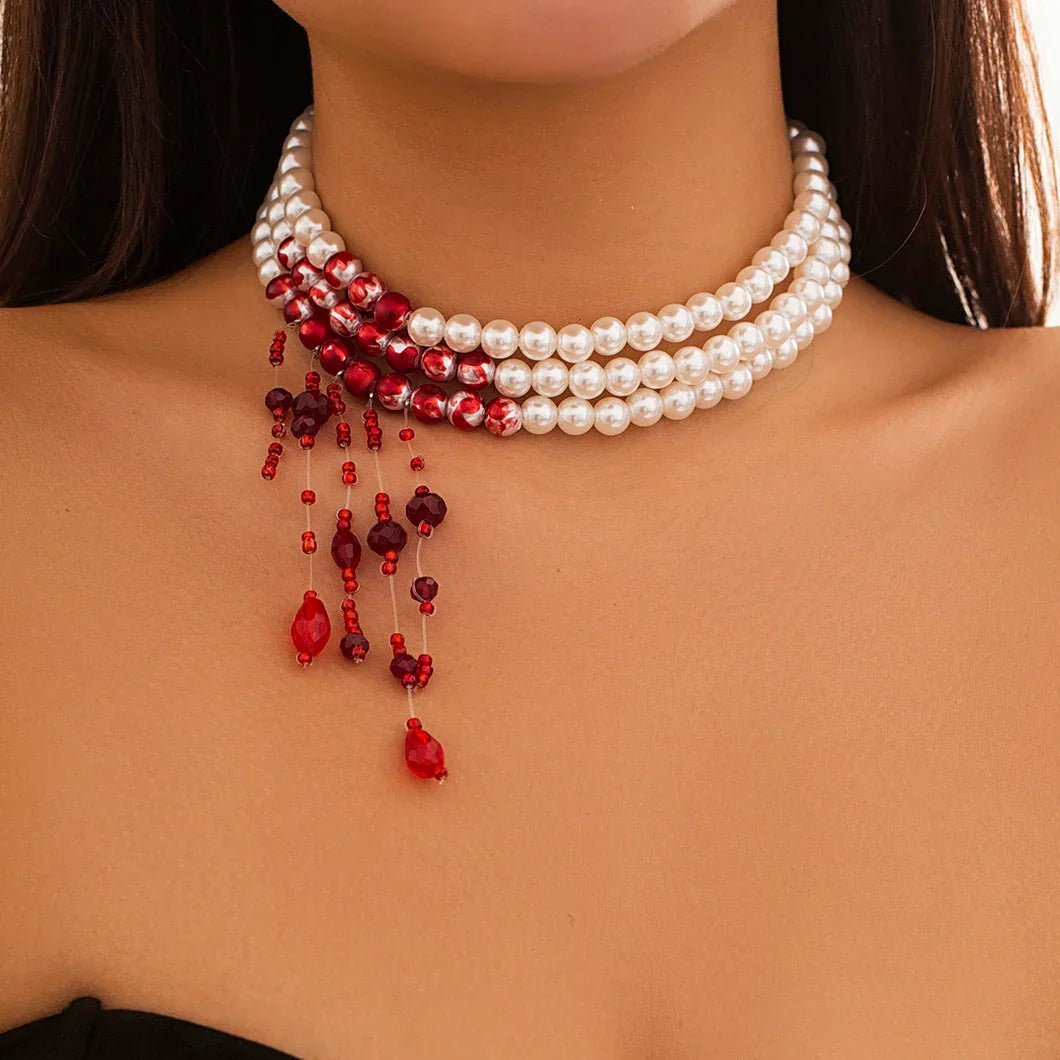 Crimson Cascade Pearl Choker - TrendAura