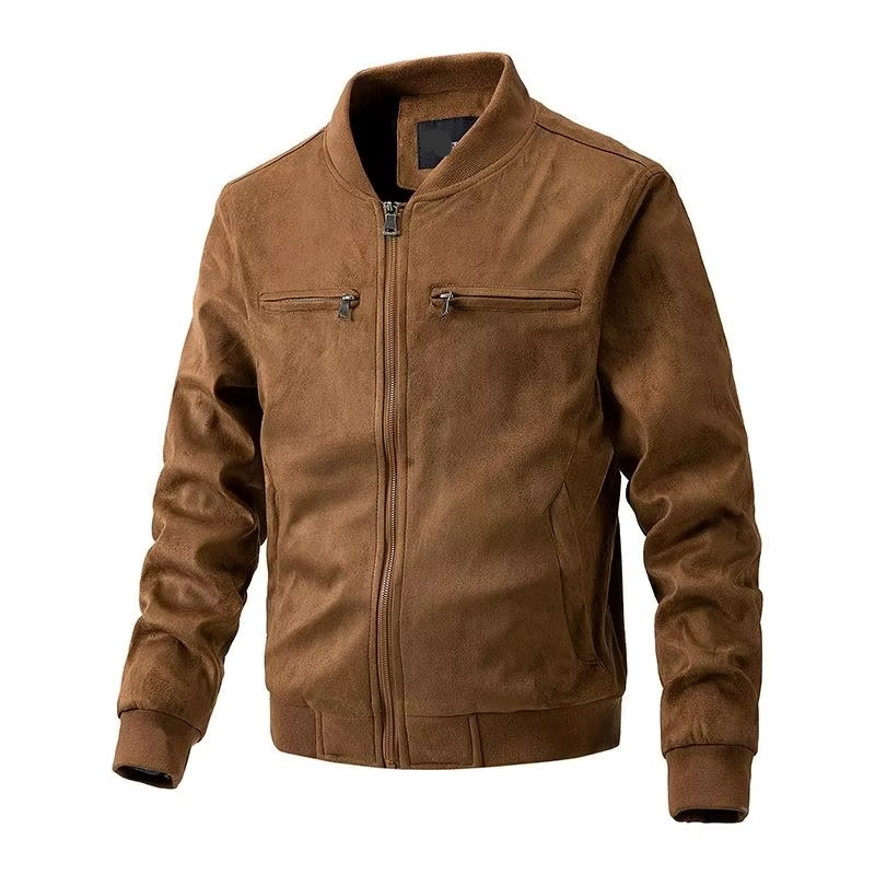 Mens Autumn Winter Suede Jacket With Stand Collar Zipper Front And Lightweight Cotton Lining