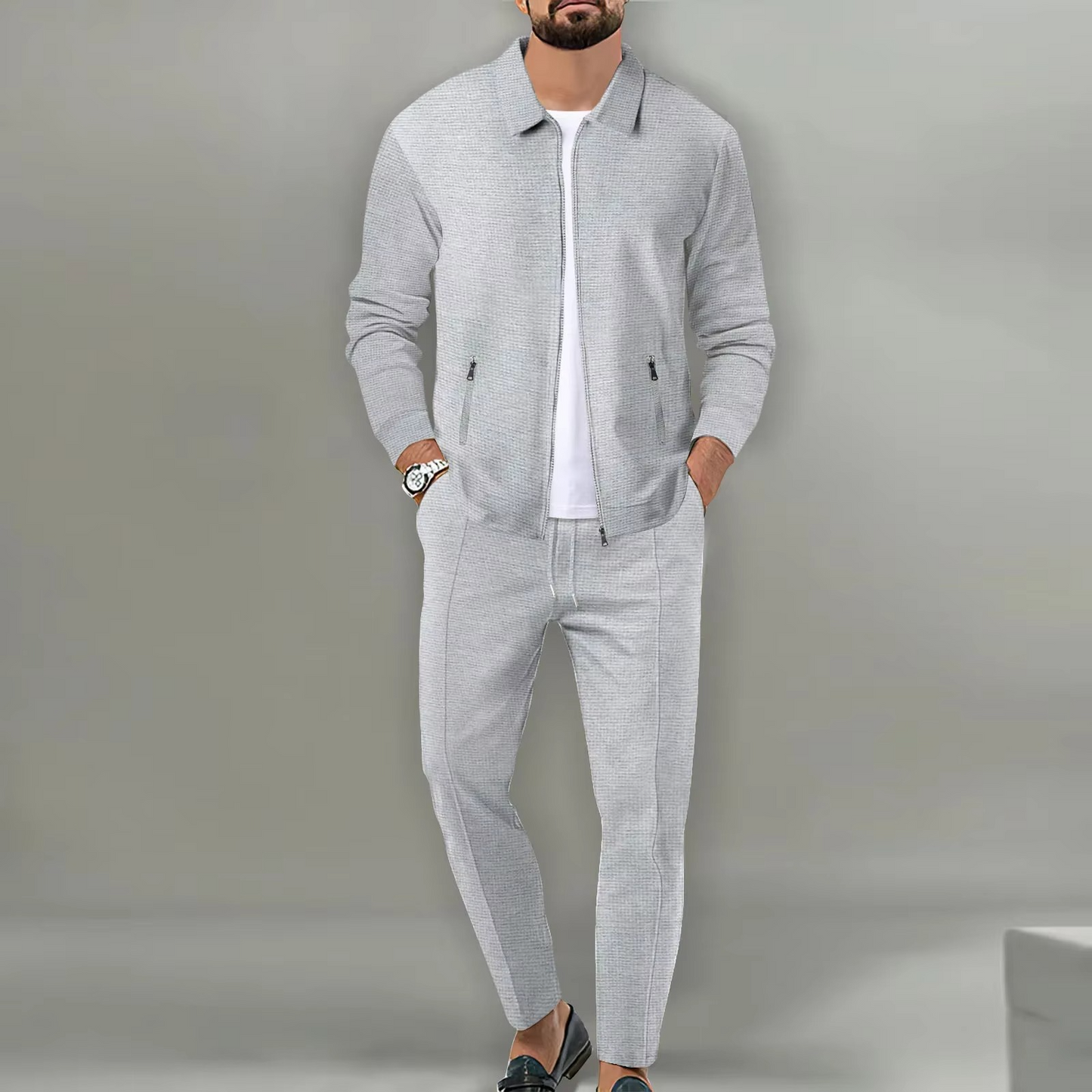 TrendAura Mens Two Piece Long Sleeve Polo Jacket Shirt With Matching Drawstring Pants Set For Everyday Comfort