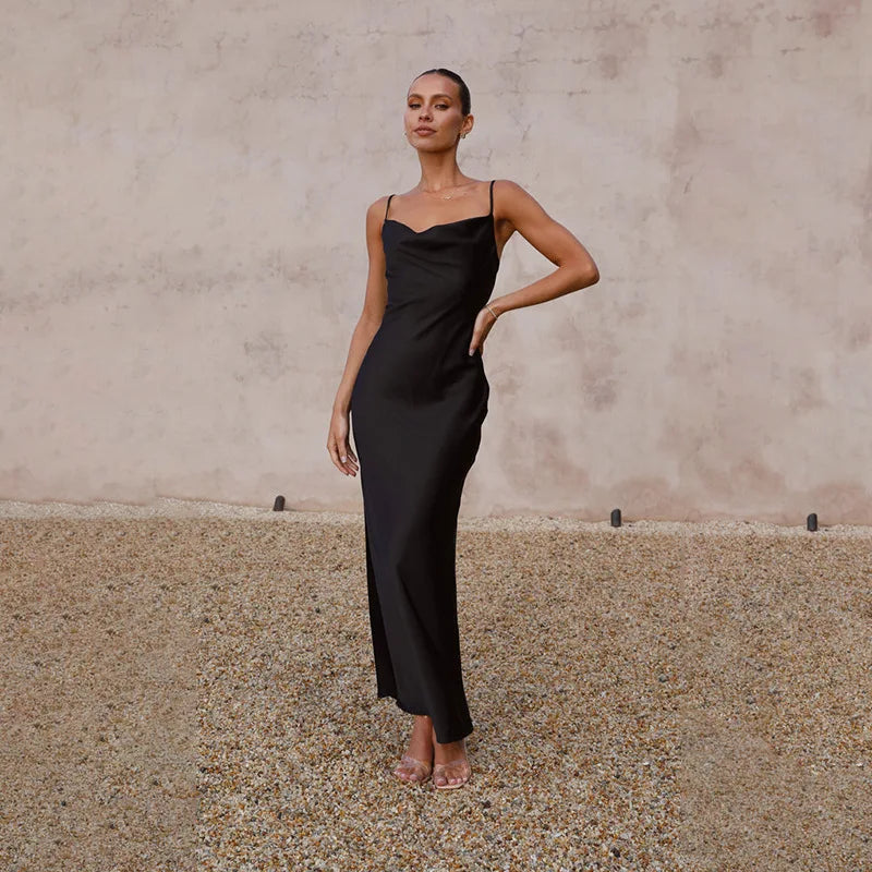 Women's Slip Dress - Satin Silk Look - Cowl Neck - Slim Fit - Spaghetti Straps