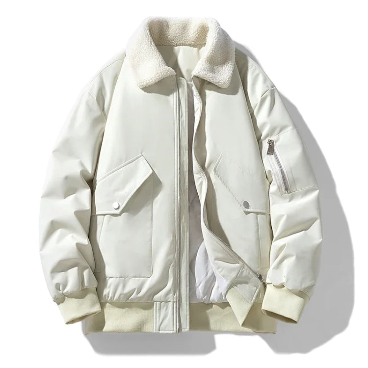 Sherpa Lined Flight Jacket With White Fur Collar And Cozy Quilted Lining For Cold Weather Fans