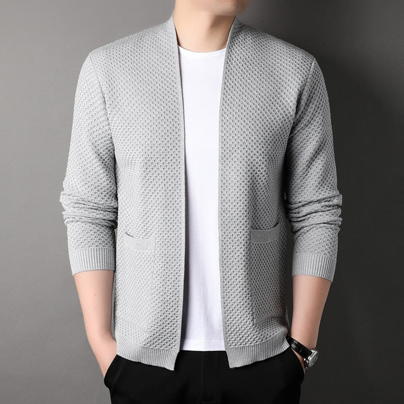 Arthur Men’s Slim Fit Knitted Cardigan With Pockets By TrendAura Textured Lightweight Knit Beige