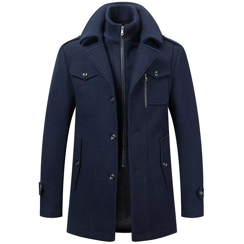 TrendAura Men's Mid Length Wool Trench Coat With Double Collar Zipper Overcoat For Fall And Winter