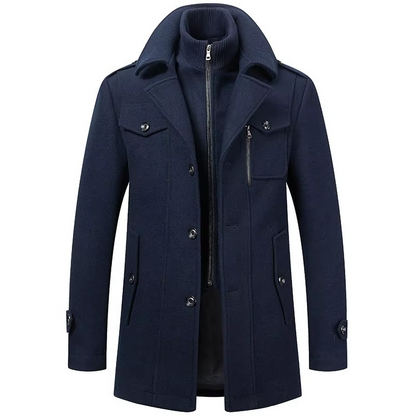 TrendAura Men's Mid Length Wool Trench Coat With Double Collar Zipper Overcoat For Fall And Winter