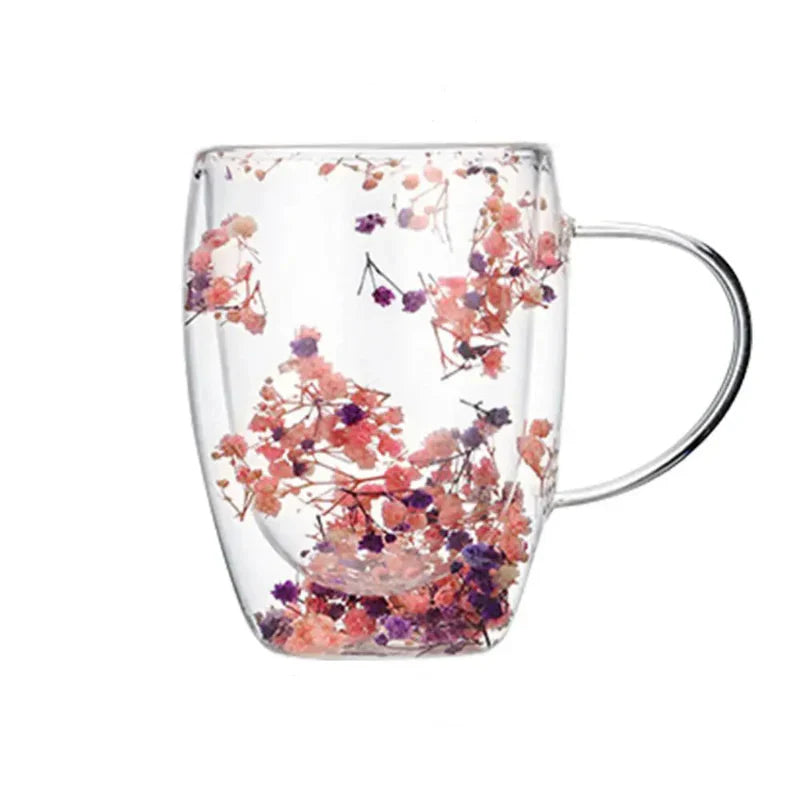 Liora Petal Dual Layer Insulated Glass Coffee Mug With Delicate Dried Flower Design 350ml