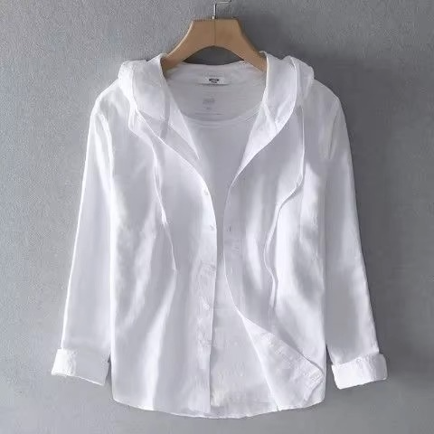 Men's Summer Hooded Long Sleeve Cotton Linen Shirt Lightweight Breathable Relaxed Fit