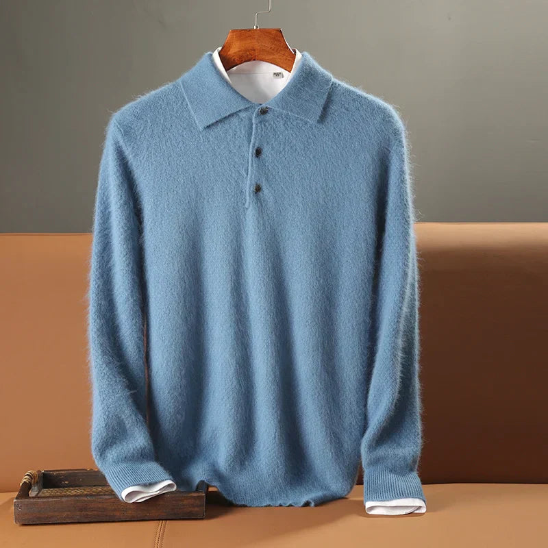 Men's Polo Wool Sweater Relaxed Fit Long Sleeve With Ribbed Edges And Button Closure Cozy
