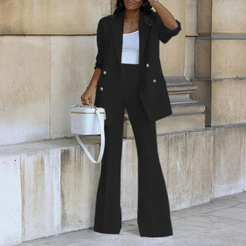 Tailored Double-Breasted Long Blazer and Flared Trousers Set for Women – Elegant Formal Style