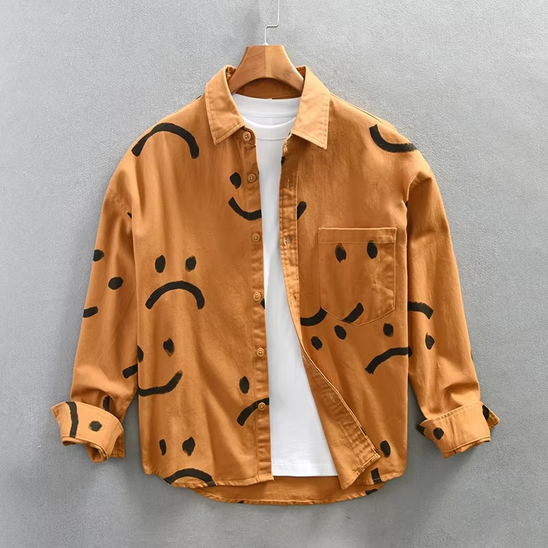Mens 100 Percent Cotton Long Sleeve Thick Overshirt Workwear Top With Graphic Smiley Pattern
