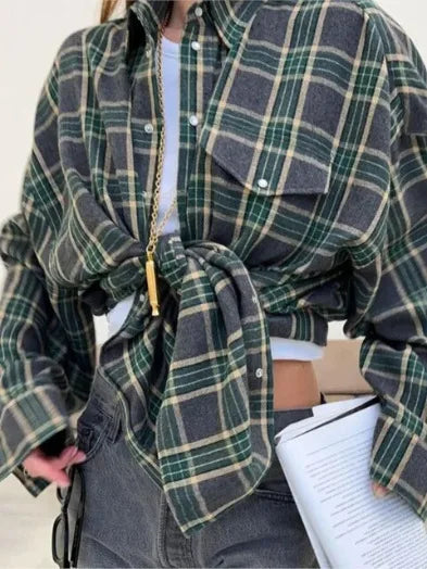 Women's Oversized Checkered Shirt - Long Sleeved - Button Closure - Breast Pockets